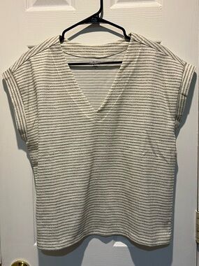 LOFT Cream and Light Green Striped V-Neck Tunic